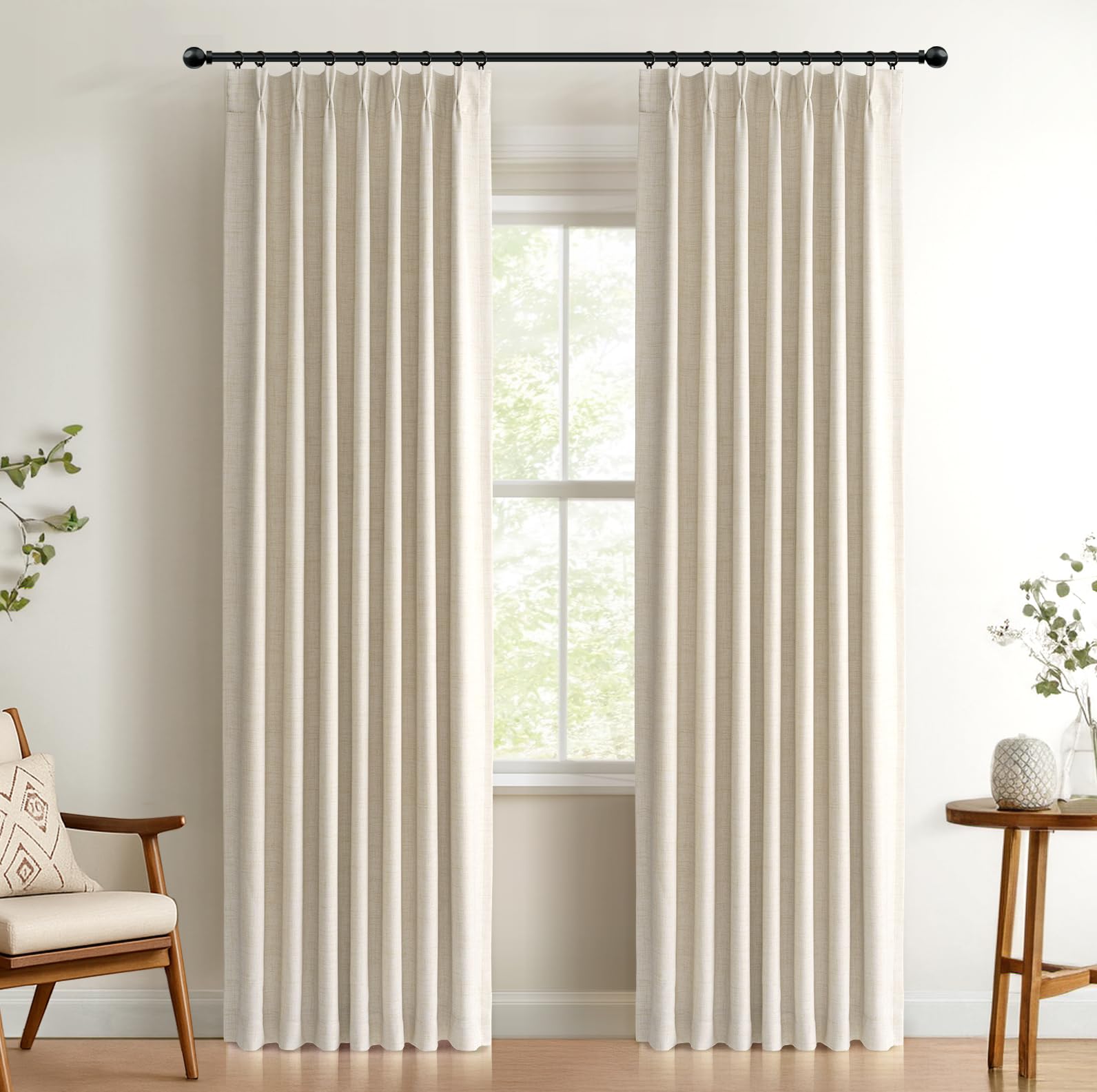 Photo 1 of 100% Blackout Shield Polyester Pinch Pleated Curtains Blackout, Pleated Drapes with Hooks 96 Inch Long 2 Panels Set, Polyester Blackout Curtains for Bedroom & Living Room, 40" W x 96" L, Cream