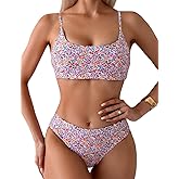 YIMISAN Women's Two Piece Swimsuit Floral Print Bikini Sets Spaghetti Straps Scoop Neck Mid Waist Cheeky Bathing Suit