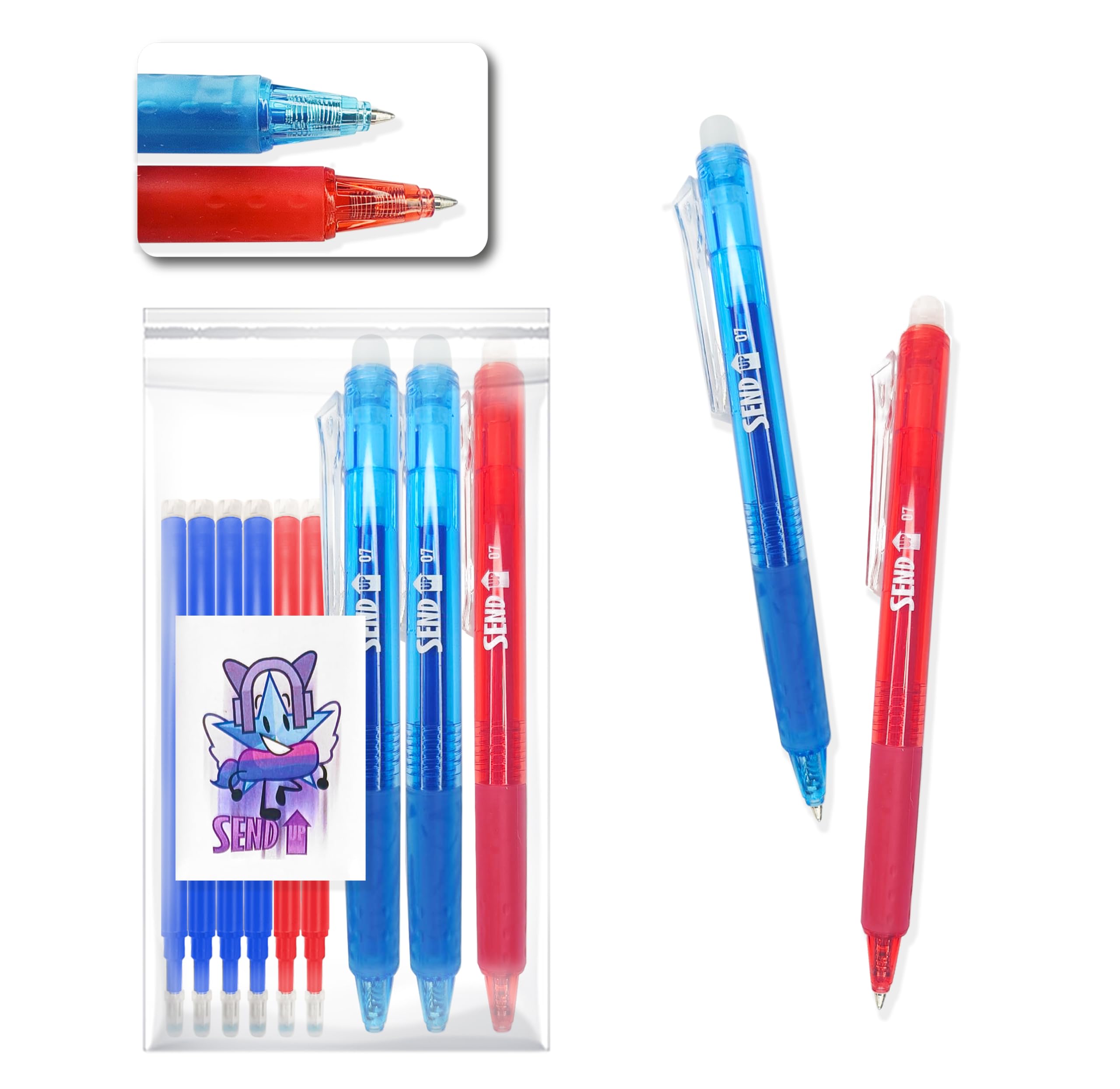 SEND UP New Model High Capacity Erasable Gel Pen 1 Red 2 Blue and 6 Refills High Capacity (2 Red - 4 Blue) Tip 0.7 Bullet …