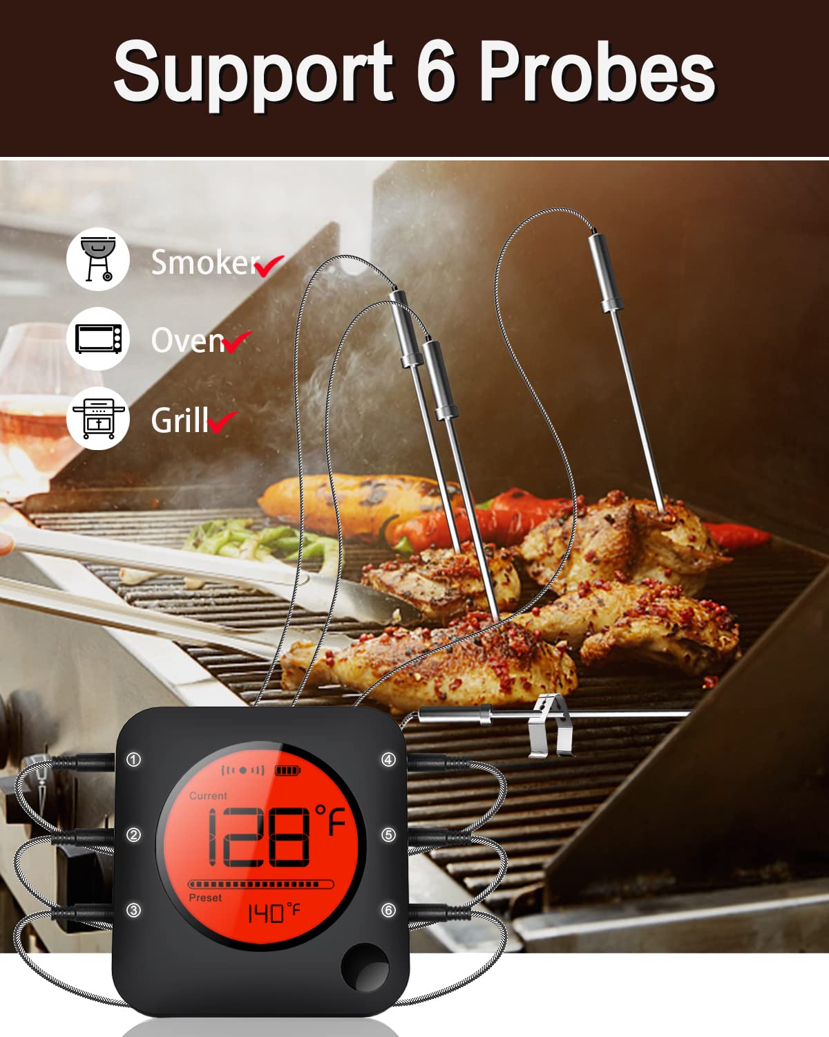 BFOUR Meat Thermometer Wireless Bluetooth, LCD Digital Meat Thermometer with Dual Probe, Wireless Remote BBQ Thermometer for Smoker Kitchen Cooking Grill Thermometer for Grilling BBQ Oven