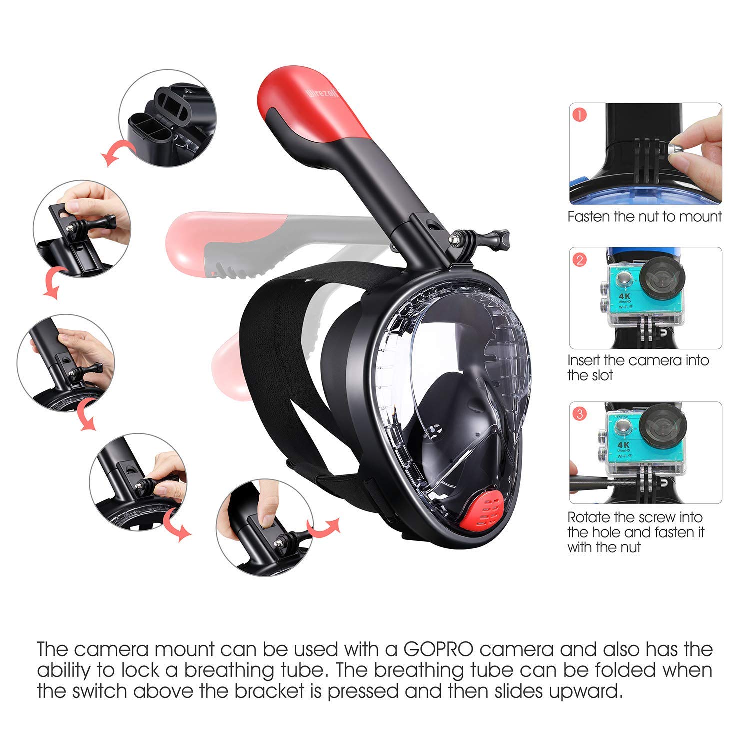Wirezoll Snorkel Mask, One Size Full Face Diving Mask with GoPro Mount for Adults & Kids - Safe Snorkeling Experience/180° Panoramic View/Easy Breath/Anti-Fog/Anti-Leak
