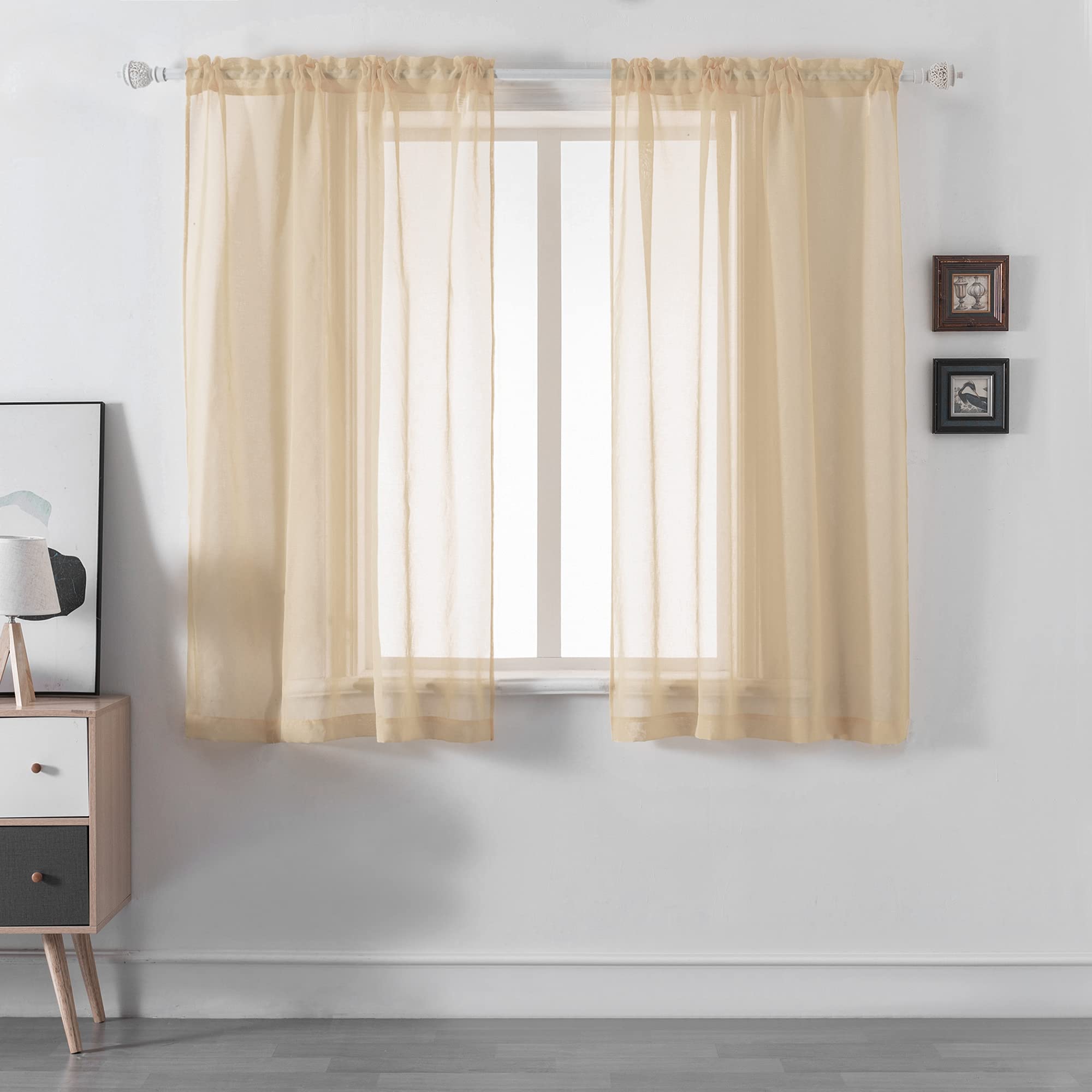 DUALIFE Light Brown Sheer Curtains for Small Windows 45 Inch Length Rod Pocket Light Kakhi Taupe Brown Voile Curtain Panels/Window Drapes for Living Room and Bedroom Window Treatments 2 Panels