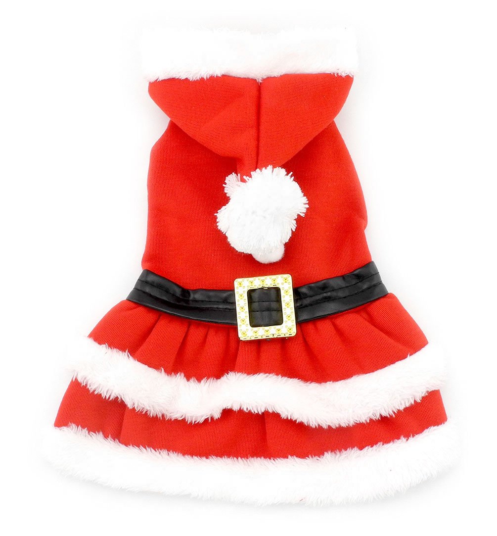 SMALLLEE_LUCKY_STORE Small Dog Santa Dress Girls Pet Costume Christmas Hooded Winter Coat Pet Hoodie Yorkie Clothes Trim Red L