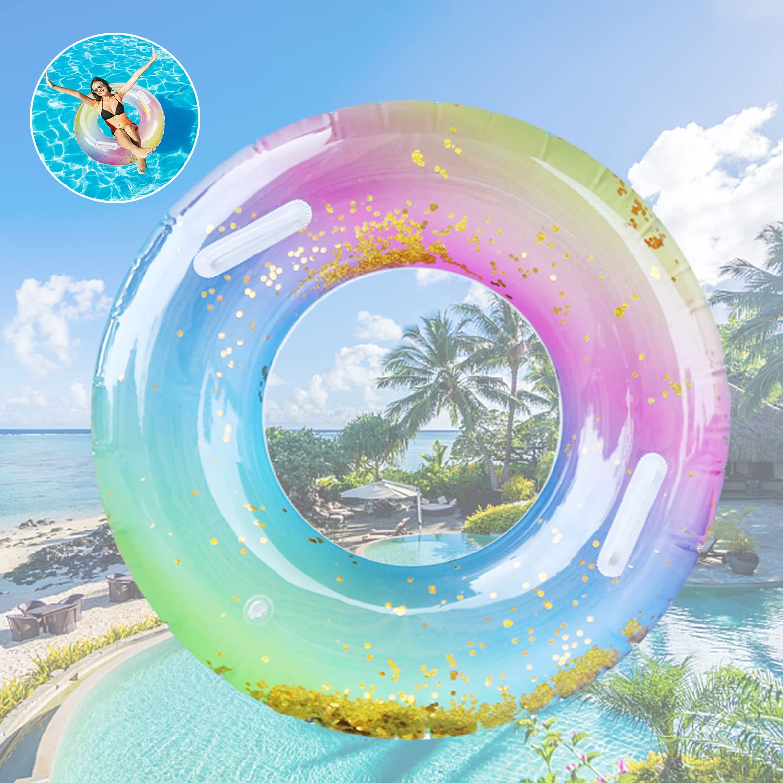 Pukitt Swimming Ring Adults, Rainbow Sequins Swim Ring With Safy Handle, Transparent Floating Ring, Durable Inflatable Pool Floats, Swimming Ring Tube For Summer Pool Party And Water Sports