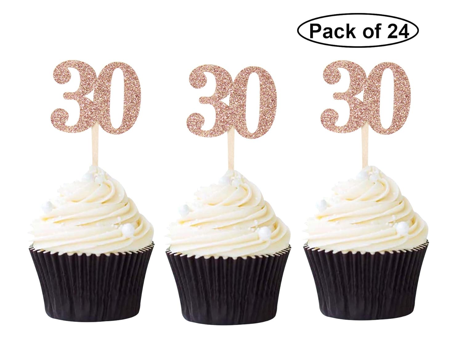 24pcs Rose Gold Glitter Number 30 Cupcake Toppers 30th Birthday