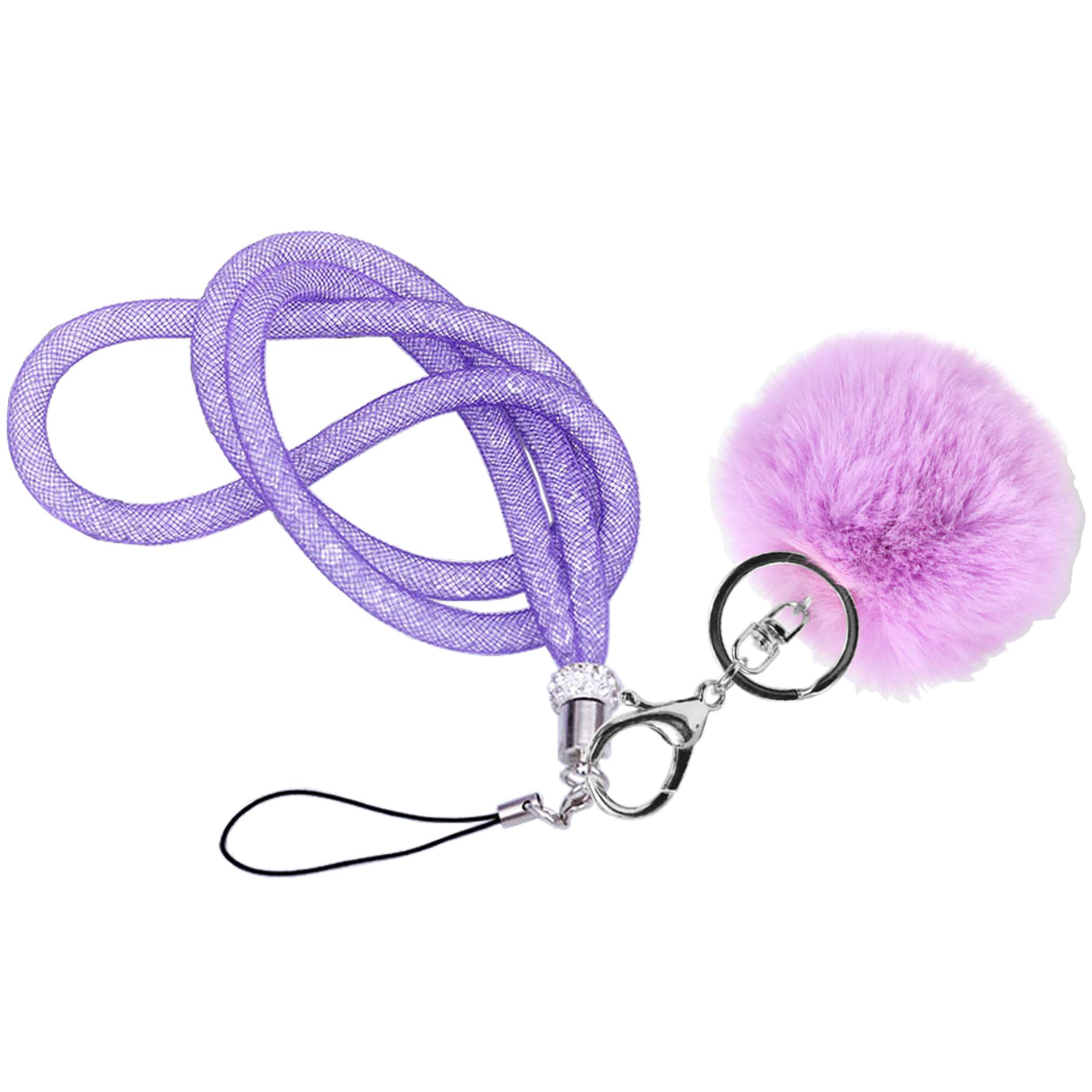 MOTIVE LIFE Lanyard with Pompom and Fishnet Tube Filled with Sparkly Rhinestones,Bling Strap for Phone,Camera,ID Badge and USB Key,Long-Purple