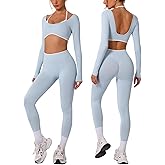 ABOCIW Workout Sets for Women Long Sleeve Crop Top Scrunch Butt Lifting High Waist Leggings 2 Piece Gym Yoga Outfits