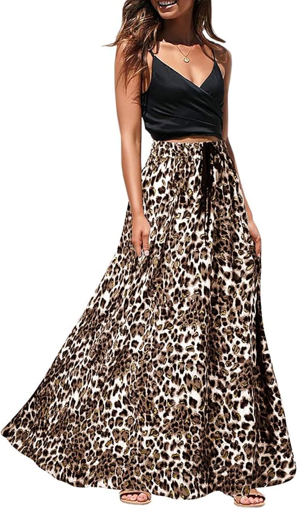 Womens Maxi Skirt Leopard Print Chiffon Beach Pleated High Waisted A-Line Long Skirts: Clothing