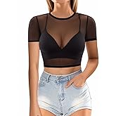 MANGOPOP Women's Short Sleeve Long Sleeve Sheer Mesh Crop Tops Tee Shirt Blouse