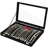 Jenseits Necklace Organizer Box, Tray with Clear Lid, Velvet Dustproof Necklaces Holder Storage Display Case, 20 Hooks Glass Top Jewelry Tray Drawer Insert for Pendant Bracelet