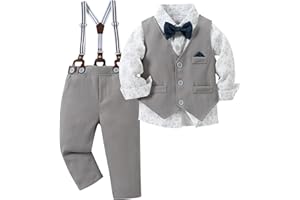 CARETOO Toddler Baby Boy Clothes Suit 5Pcs Gentleman Wedding Outfit Dress Shirt+Vest+Bow Tie+Suspender Pant Formal Set 12M-5T
