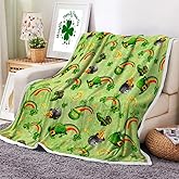 St Patrick's Day Throw Blankets, Vintage Green Irish Lucky Clovers Gold Coins and Rainbow Warm Cozy Flannel Blanket, Irish Festival Theme Decorate Blanket for Sofa Camping Couch Bed Travel 50×60 inch