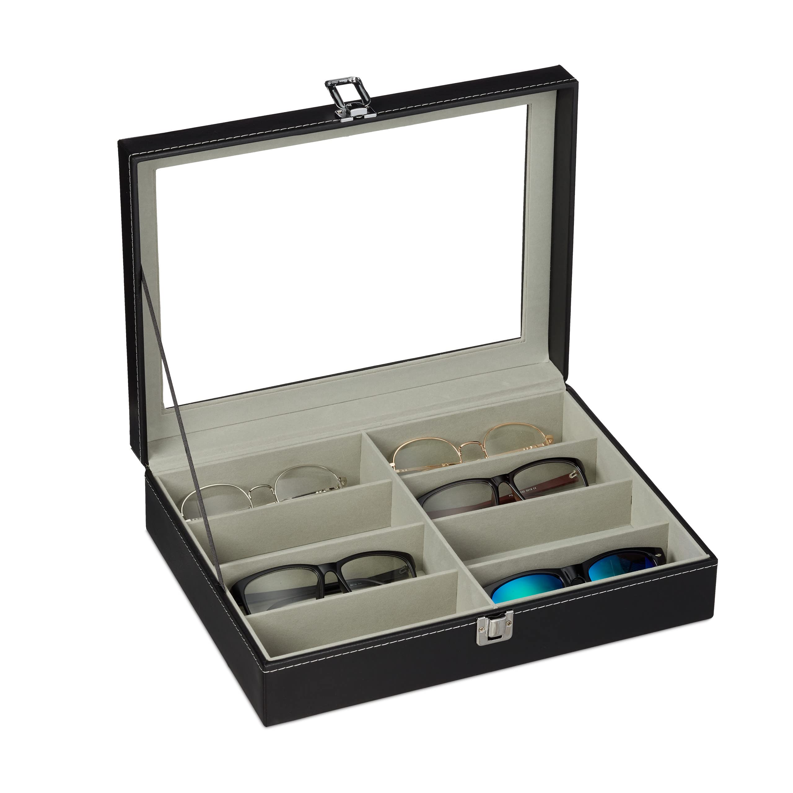 Relaxdays Glasses Box for 8 Pieces, Sunglasses Storage. 8.5x33.5x24.5 cm, Faux Leather, Black