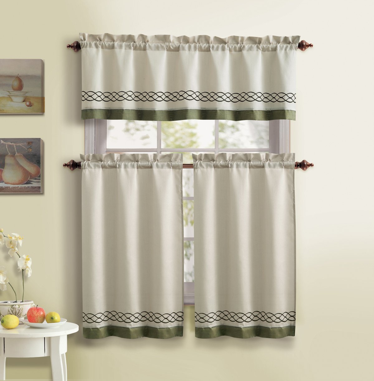 3 Piece Kitchen Curtain Set 1 Valance 2 Tiers Solid Colors