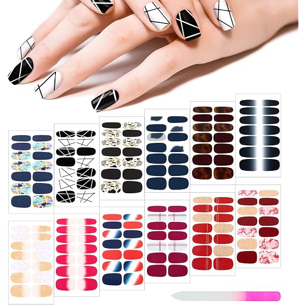 NICENEEDED Nagelaufkleber Set – 12 Blätter Full Wrap Nail Art Decals + 5 Feilen, Selbstklebend & Wasserfest