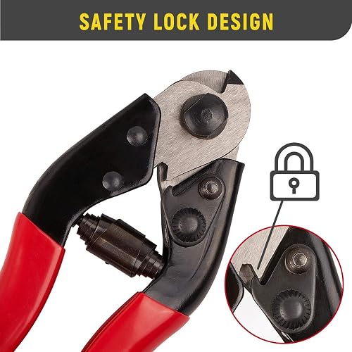 Heavy Duty Cable Cutter | Steel Wire Rope Cutter Up To 5/32 Inch | One-Hand Operation With Safety Lock | Red Non-Slip Handles - View #3