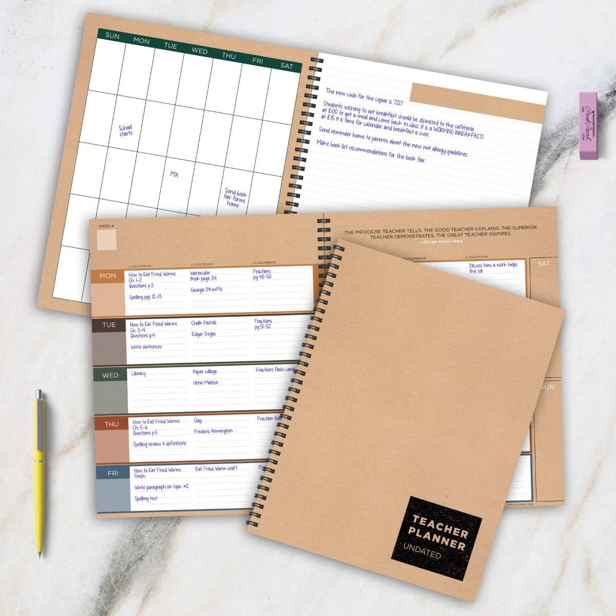 TF PUBLISHING - Kraft Undated Weekly Teacher Planner Lesson Plan Book - Office/School Supplies - Monthly and Weekly Planning - Six Class Sections - Lined Pages - 12 Months - 8.5” x 11” : Office Products