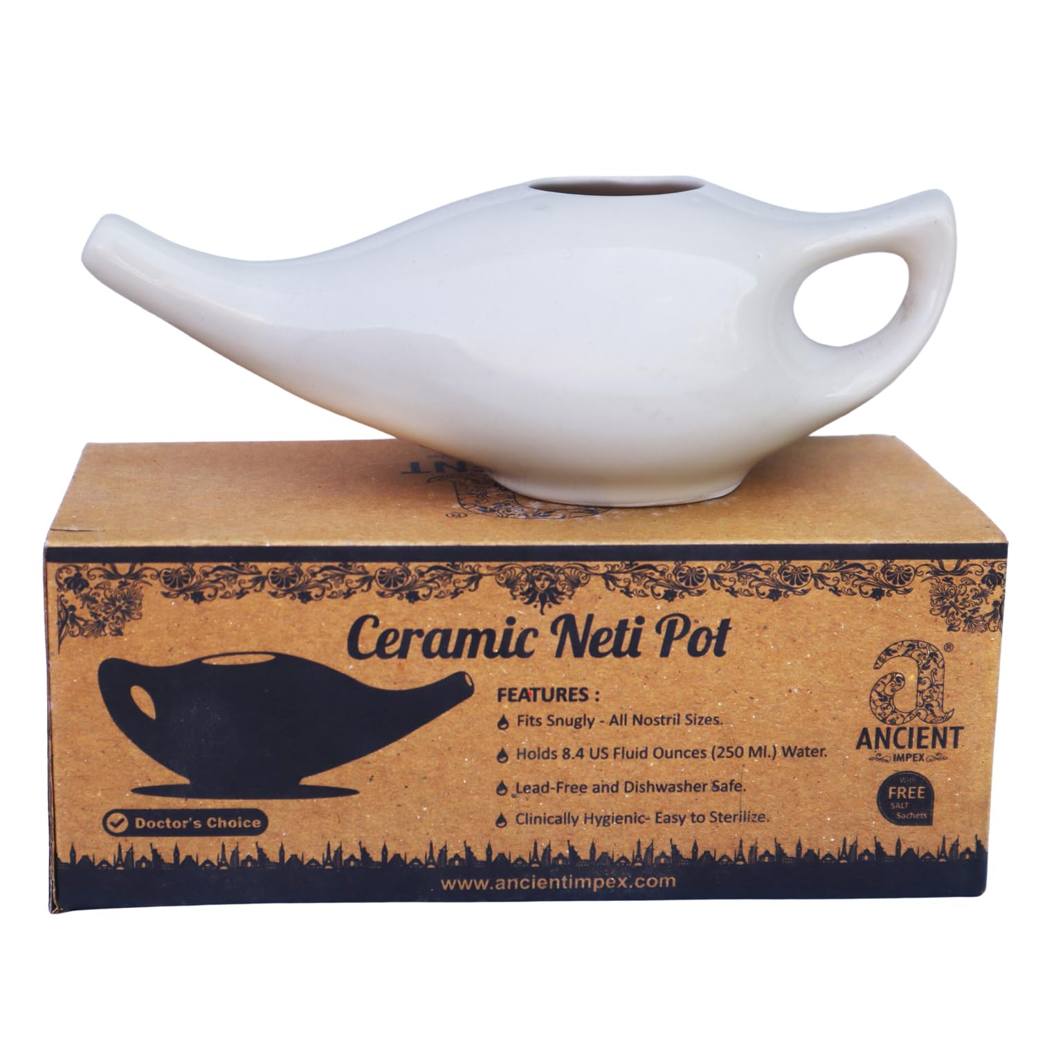Ancient IMPEX Ceramic Neti Pot 250 Ml (White) with 5 Sachets Neti Salt | Natural Remedy for Nasal Irrigation, Sinus Relief & Nasal Hygiene | Ayurvedic Nasal Rinse Pot