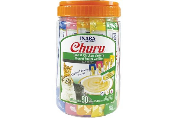 INABA Churu Cat Treats, Grain-Free, Lickable, Squeezable Creamy Purée Cat Treat/Topper with Vitamin E & Taurine, 0.5 Ounces Each Tube, 50 Tubes, Tuna & Chicken Variety