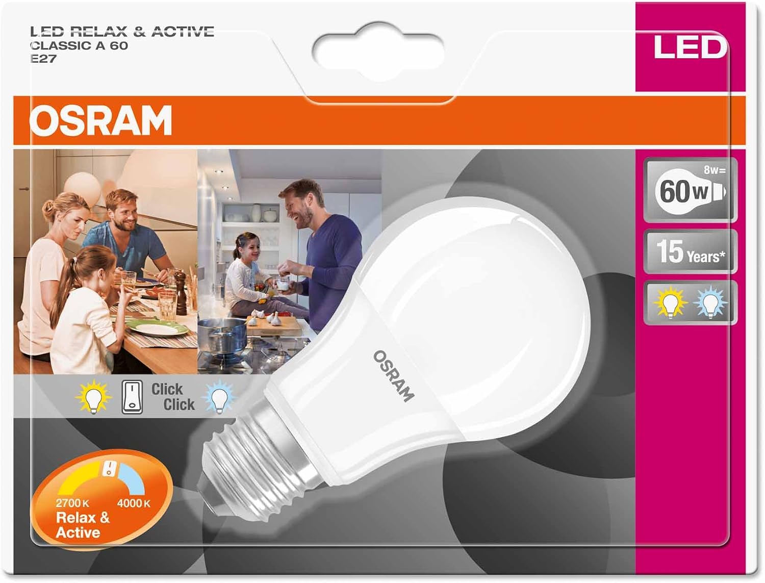 OSRAM LED Relax and Active Classic A/LED lamp, Classic Bulb Shape: E27, 8 W, 220…240 V, 60 W Replacement, Frosted - Image 4