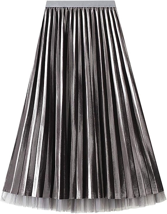 Amazon グレー 4色展開 ベロアスカート プリーツ ミモレ丈 キレイめ 春と夏 レディース 着痩せ 無地 厚手 ハイウエストウエストゴム Aライン 配達6 9労働日まで スカート 通販