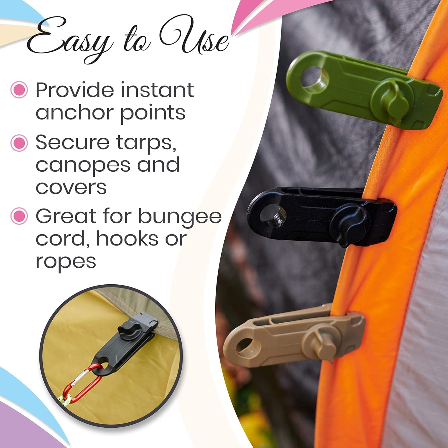 Tarp Clips Heavy Duty Lock Grip in a Variety of Colors - Weatherproof Material & Multi Purpose Tarp Tie Down Clamps are Great for Camping, Tents, Boating, Hunting, Above Ground Pool Cover - - 