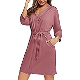Ekouaer Women‘s Robes Lightweight 3/4 Sleeve Short Knit Bathrobe Soft Knee Length Sleepwear Robes with Pockets S-XXL
