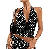 AKLOPVII Women Y2k Sexy Polka Dot V Neck Mesh Halter Crop Tops Cute Off Shoulder Sleeveless Tie Up Ruched Tank Going Out