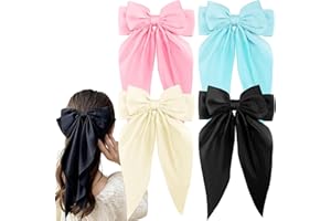 Zkptops 4Pcs Hair Bow Clips for Women Girls Silky Satin Bow Hair Clips Hair Ribbon with Long Tail Cute Oversized Hair Clips Soft Large Big Hair Barrettes Hair Accessories (Black Beige Blue Pink)