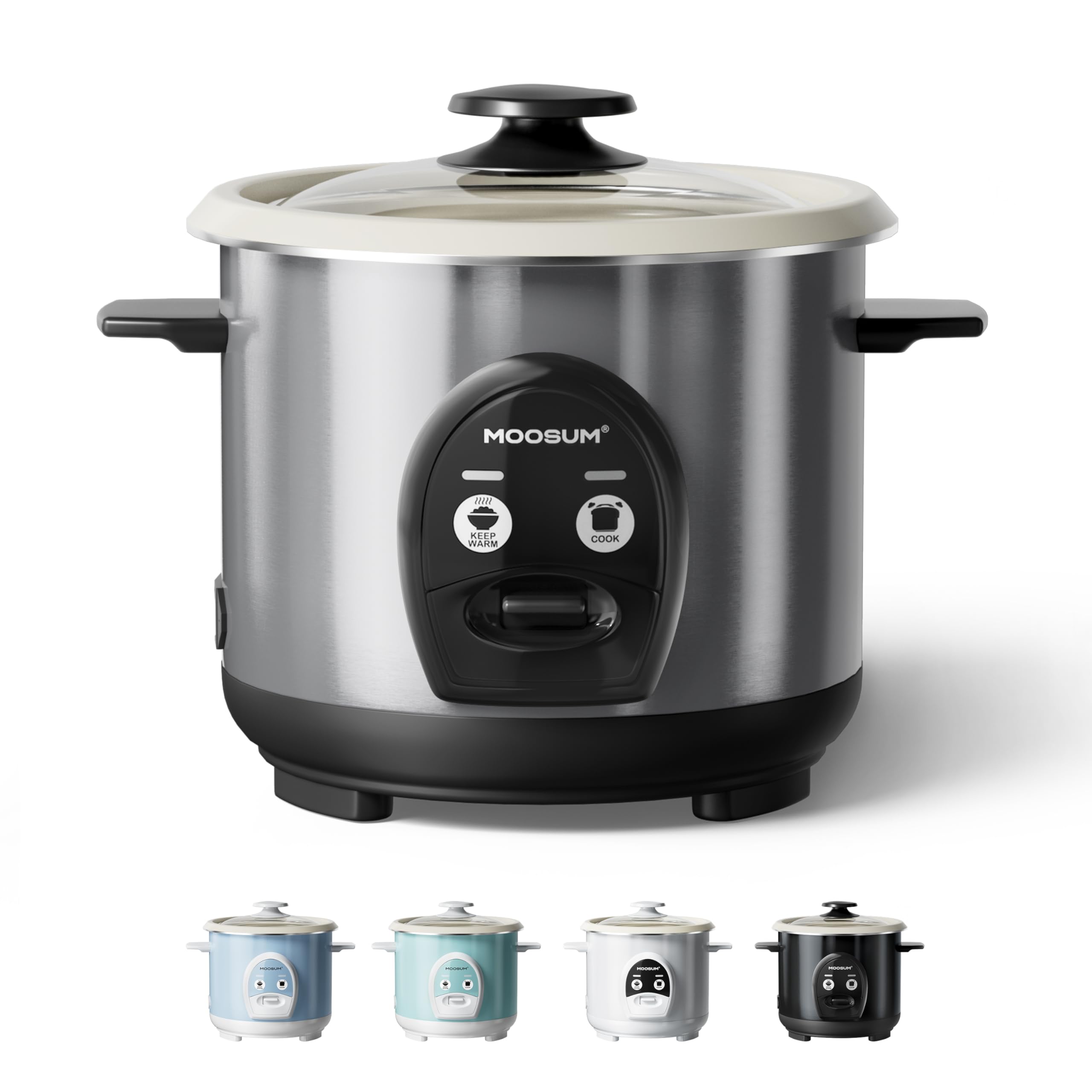 Photo 1 of MOOSUM 3-Cup Uncooked Rice Cooker Small & Food Steamer - Ceramic Coating Non-Toxic Inner Pot, One-Touch Multifunction for Rice/Sauté/Yogurt, Dishwasher Safe, 1-3 People Size, Silver