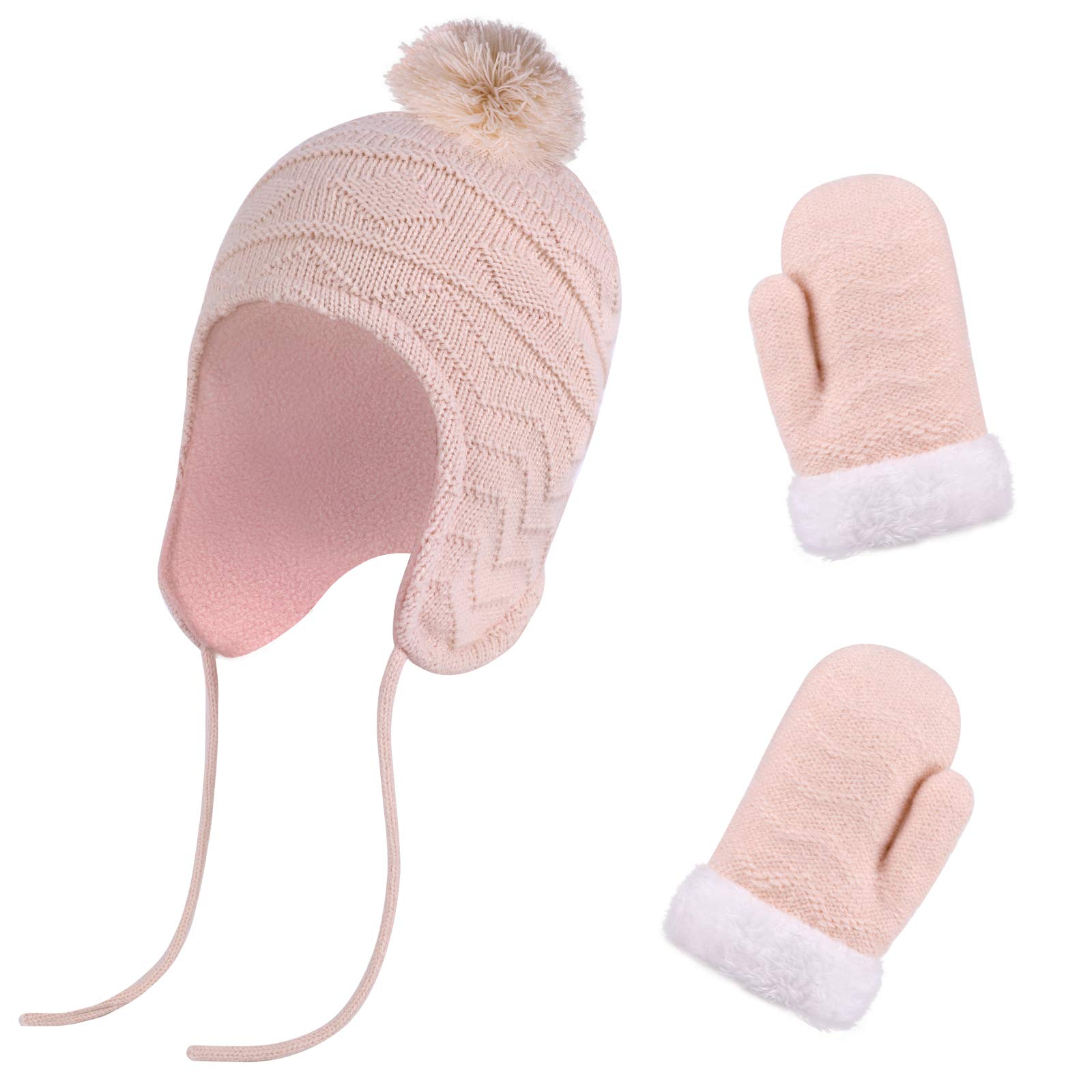 QKURT Baby Girl’s Beanie Cap Mittens Set, Chirldren Winter Thermal Mitten Caps Set with Earflaps Kids Hats Kids Gloves Fit for Age of 1~3 Years Old Girls Baby Pink