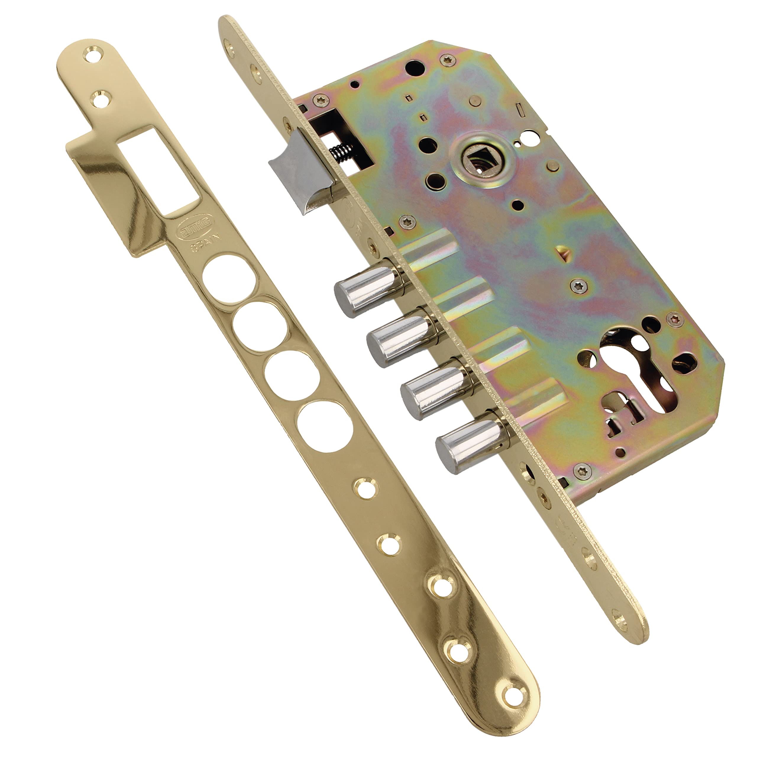 Amig 101 Cerradura 100 Mod.101 Base Mortise Lock for Wooden Entrance Doors | with Reversible Square Handles 8 mm | Made Finish, Painted Brass-Plated Steel, 50/85