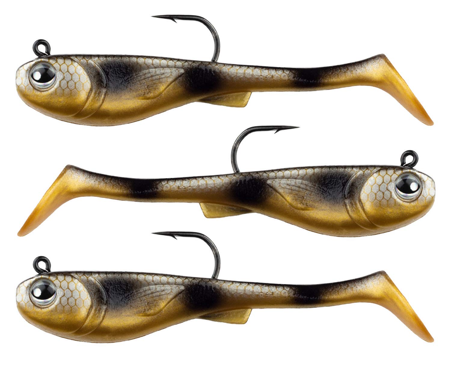 FISHN® GRUMPYbaby Rubberfish Set - Weight: 13g, Length: 11cm - Extreme swimming action, fishing lures for pike fishing, Softbait, Swimbait, high fishing power (3 pieces) (GRUMPYbaby Gold)