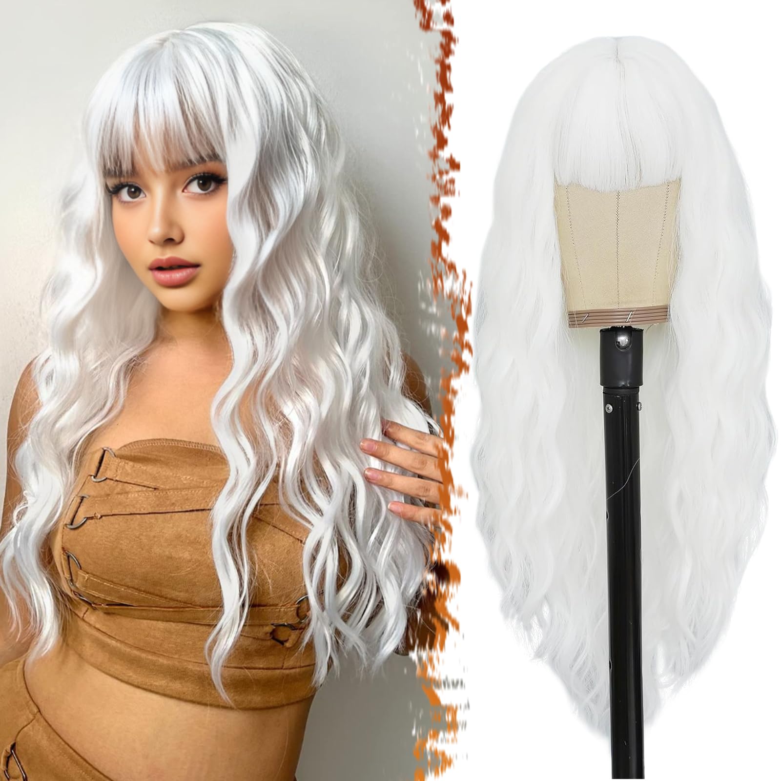 Photo 1 of BARSDAR Long Wavy White Wig with Bangs - 26 Inch Long White Wigs for Women - Natural Looking Synthetic Hair Wavy Bangs Wig Halloween Cosplay Constume Wigs