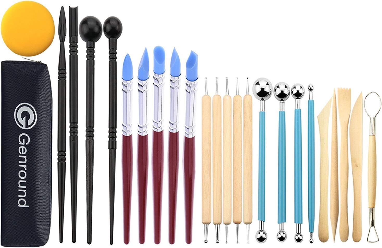 Genround Polymer Clay Werkzeuge, 25pcs Polymer Ton Modellierwerkzeug, 5 Dotting Tool, 5 Modellierwerkzeug Silikon, 4 Ball Tool, 4 Modellierwerkzeug, 5 Ton Schnitzwerkzeuge, Schwamm Aufbewahrungstasche