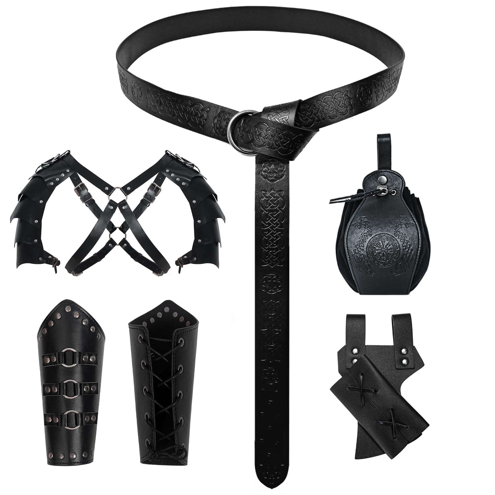 Halloween Medieval Belt Suit, Viking Clothing Accessories, Medieval Knight Costume Accessories Set of 5 for Cosplay, Wizard, Masquerade, Halloween (Black)