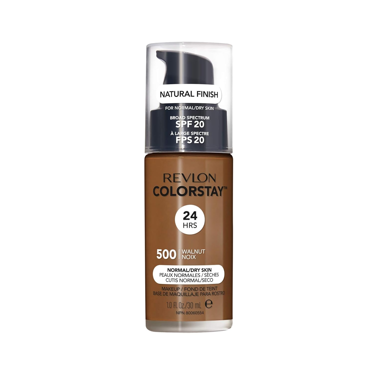 Revlon ColorStay Makeup for Normal/Dry Skin SPF 20, Longwear Liquid Foundation, with Medium-Full Coverage, Natural Finish, Oil Free, 500 Walnut, 1.0 oz