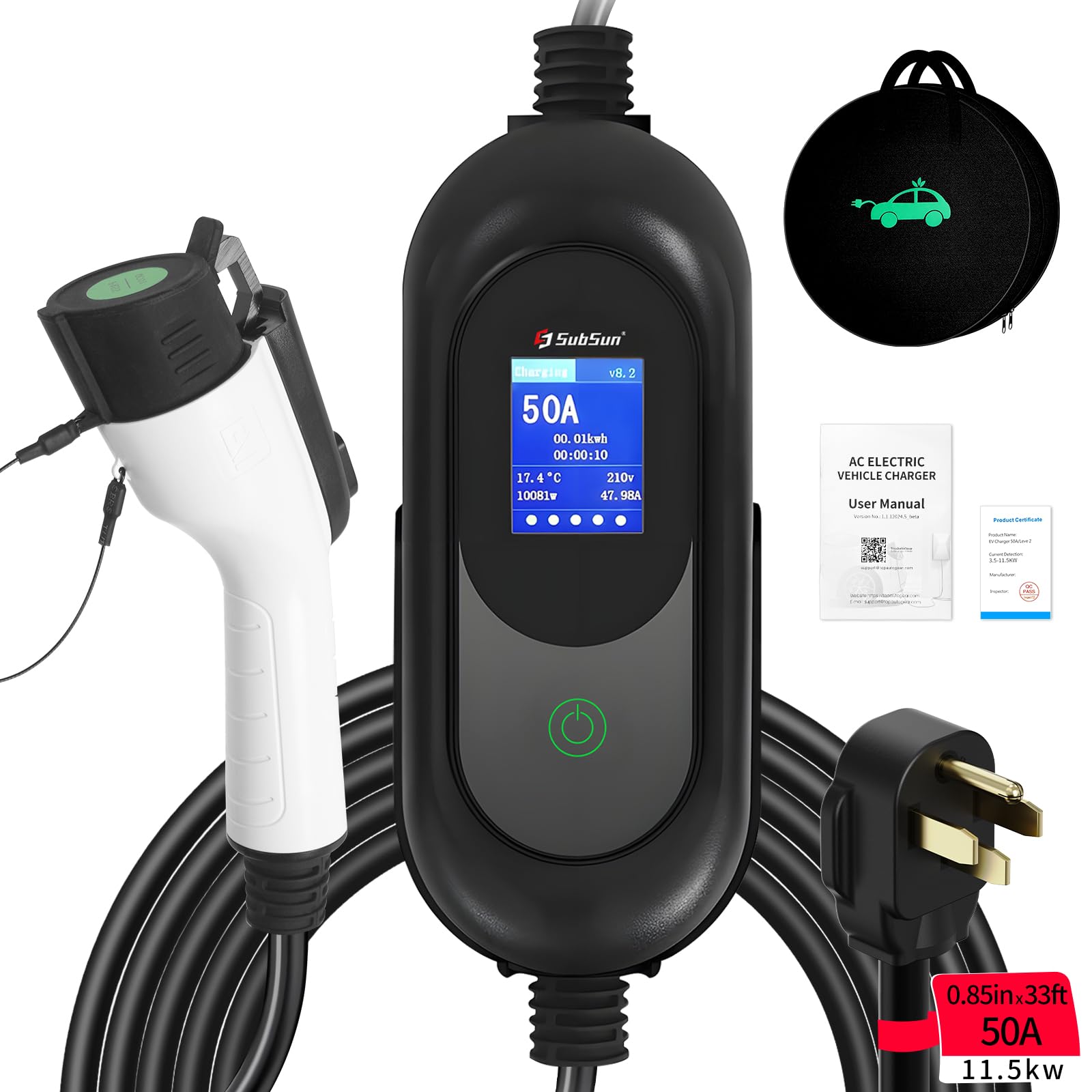 Photo 1 of SubSun Universal Portable Level 2 EV Charger 50Amp 240V Electric Car Charger for All North American EVs Includes J1772, 33FT EV Charging Cable