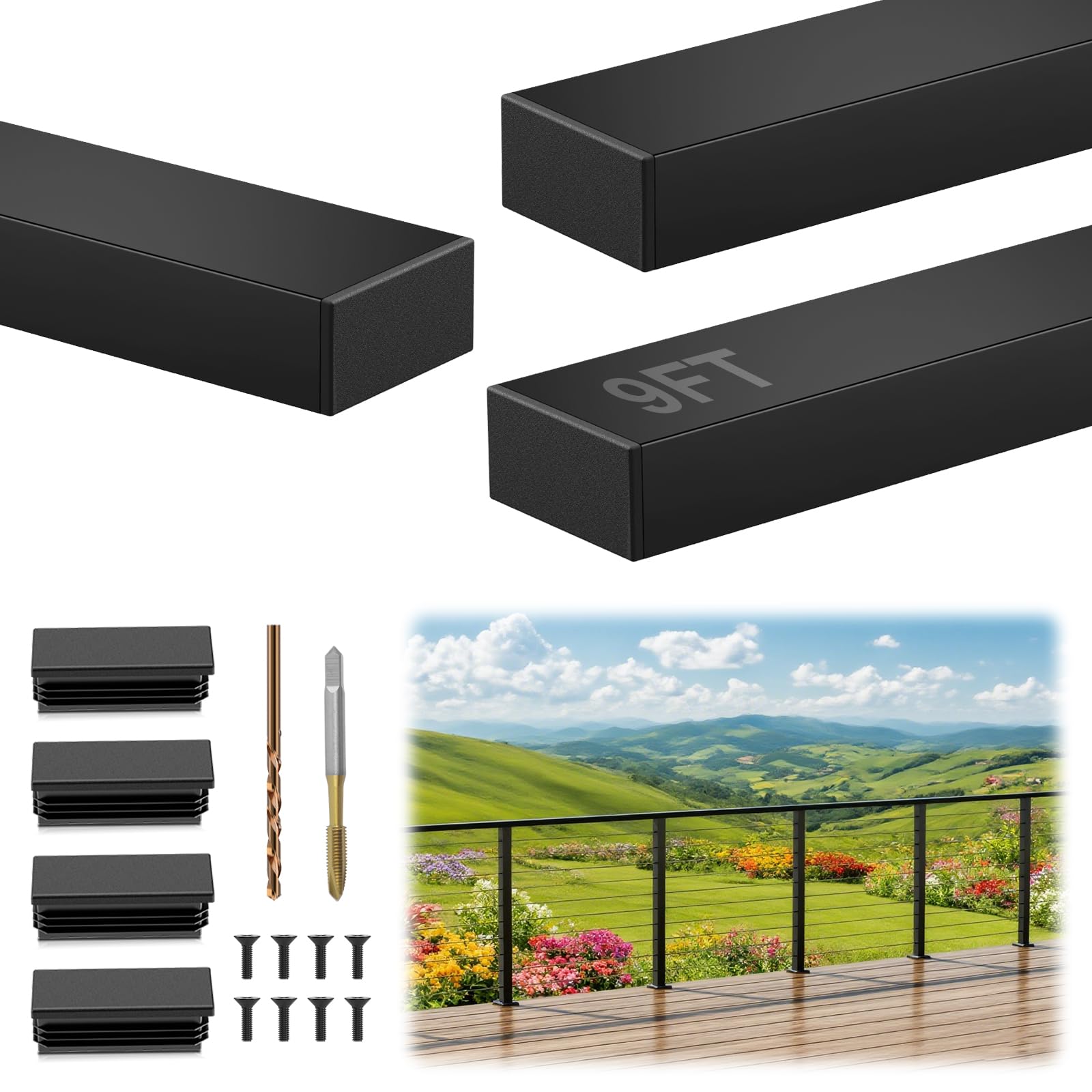 Photo 1 of ***HAS DINGS AND SCRATCHES FINAL SALE***Gyykzz 9FT Stainless Steel T304 Black Handrail for Cable Railing System, 3 Pack 3/64" Thick Rectangular Flat Top Rail, Upgraded Outdoor Coated Cable Deck Handrails for Indoor Outdoor DIY Balustrade