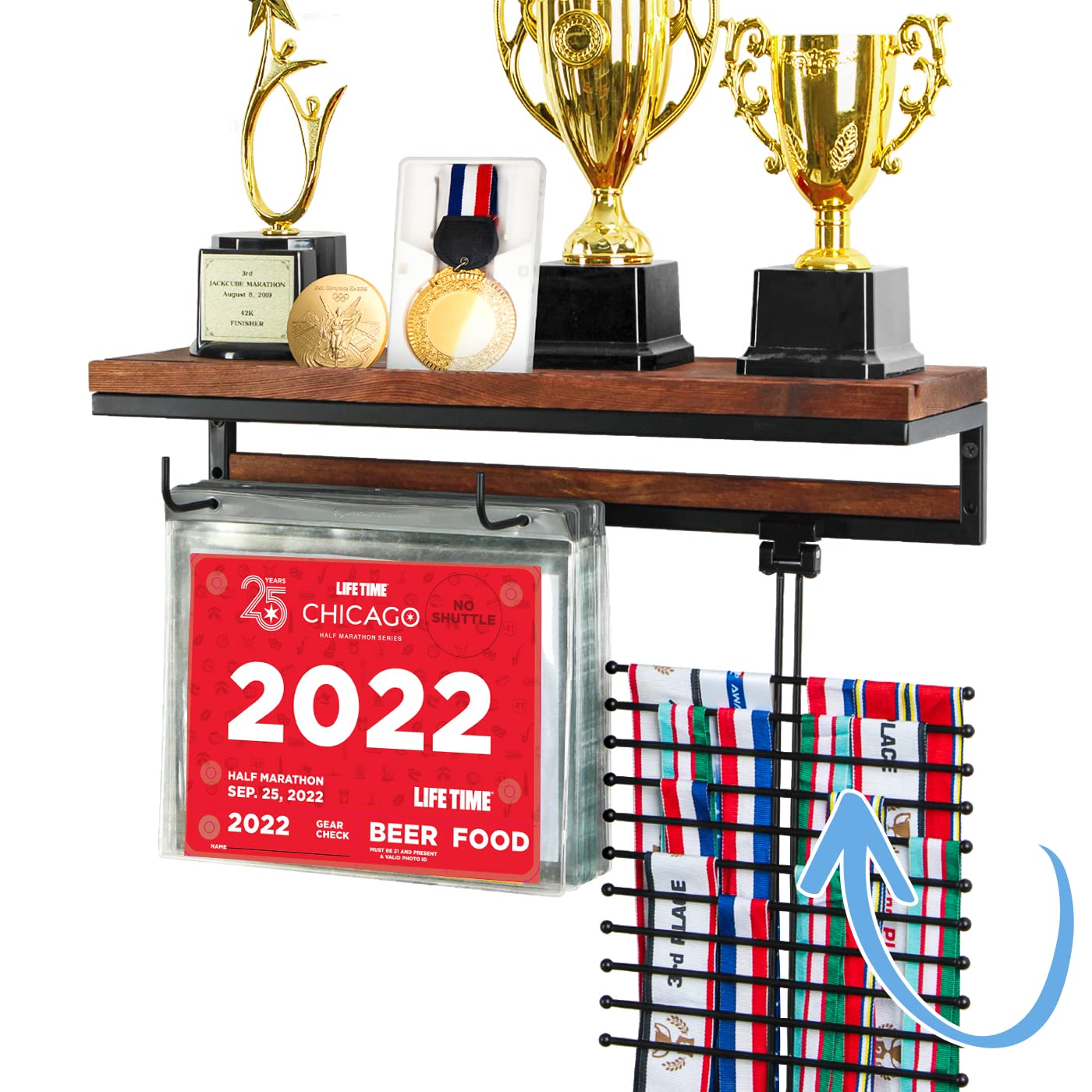 VIEWAY Medal Display Hanger Marathon Race Bibs Display Holder, Wall Mounted Trophy Shelf Rack and Hooks for Running, Sports, Gymnastics Awards 50 Bib Flip Pouches- MK817A