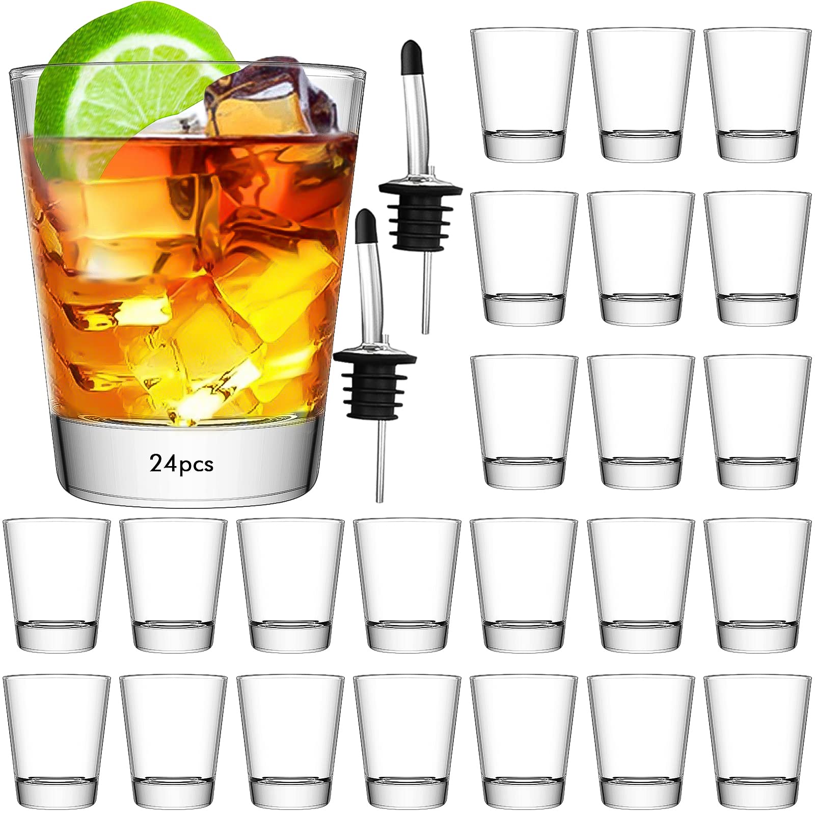 SuproBarware Shot Glasses Set of 24 Bulk Glass Cups 2oz/60ml Clear Round Rock Shot Glass for Cocktails, Vodka, Espressos, Liqueurs, Tequila, Rum, Wine and Desserts