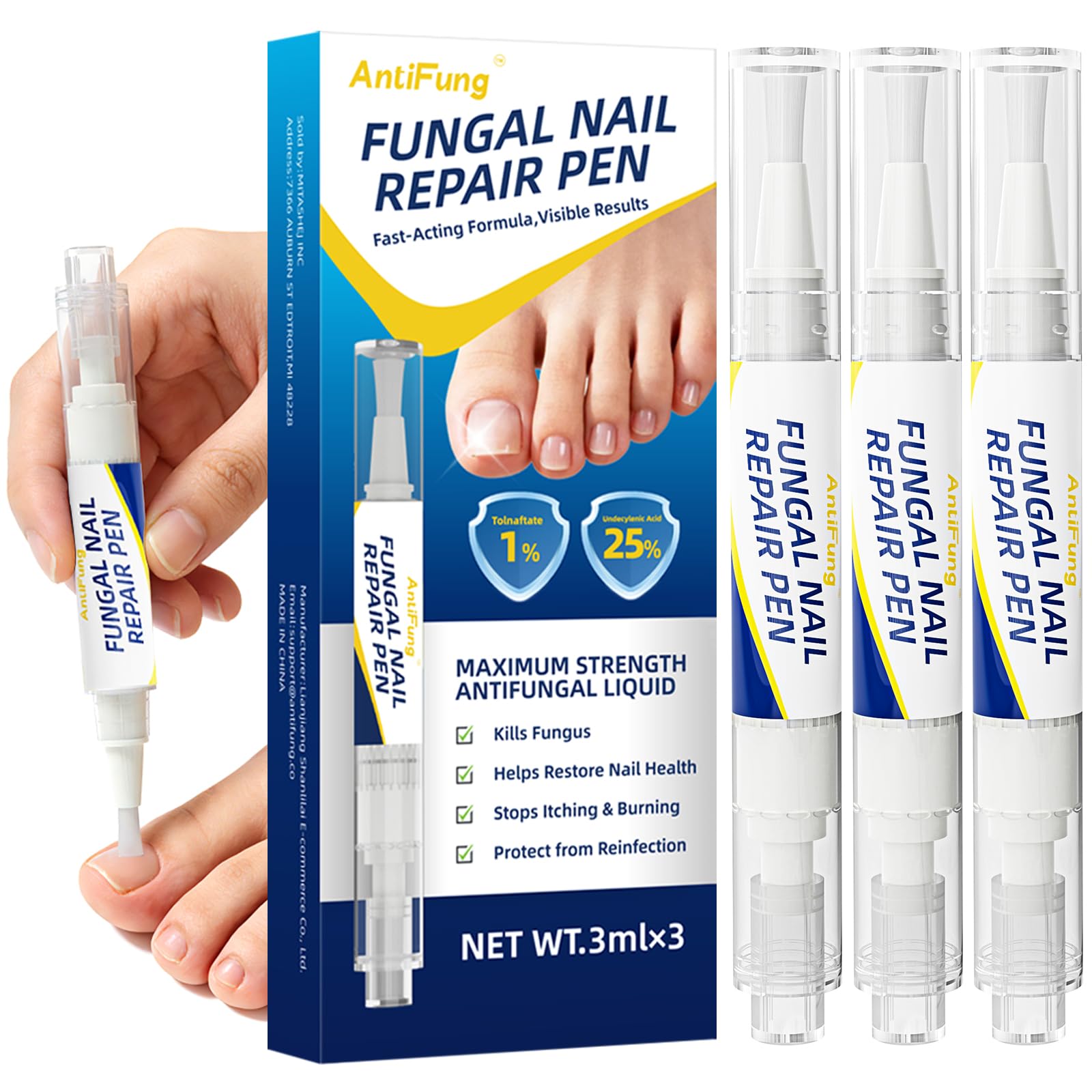 Photo 1 of ***FACTORY SEALED***Toenail Fungus Treatment Extra Strength - AntiFung Pen with 25% Undecylenic Acid - Effective Nail Repair for Damaged Nails, Ingrown Nails & Discoloration - 3-Pack Applicator Pen