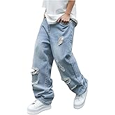 SweatyRocks Men's Baggy Jeans Ripped Loose Low Waist Casual Wide Leg Denim Pants Streetwear