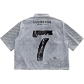 GORGLITTER Men's Letter Graphic Striped Cropped Button Down Shirts Ripped Short Sleeve Y2k Tops Casual Streetwear