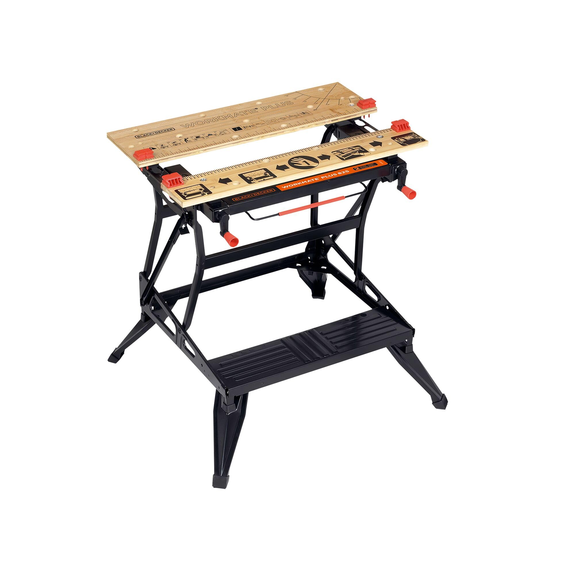 Black+Decker Wm825-Xj Etabli-Étau Pliable Grand Format - Serrage Une Main - Plan De Travail, Charges Maximales : 250 Kg - Structure En Acier et Mâchoires En Bambou, Noir, Marron, 740 X 562 Mm