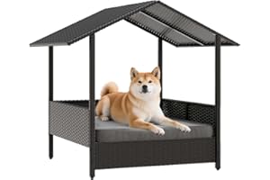 Waleaf Wicker Dog House Outdoor Indoor with Canopy and Removable Cushion, Elevated Rattan Dog Bed Shelter for Small/Medium Dogs, Weather Proof Cushion Cover Pet Cabana for Patio, Deck, Pool, Yard