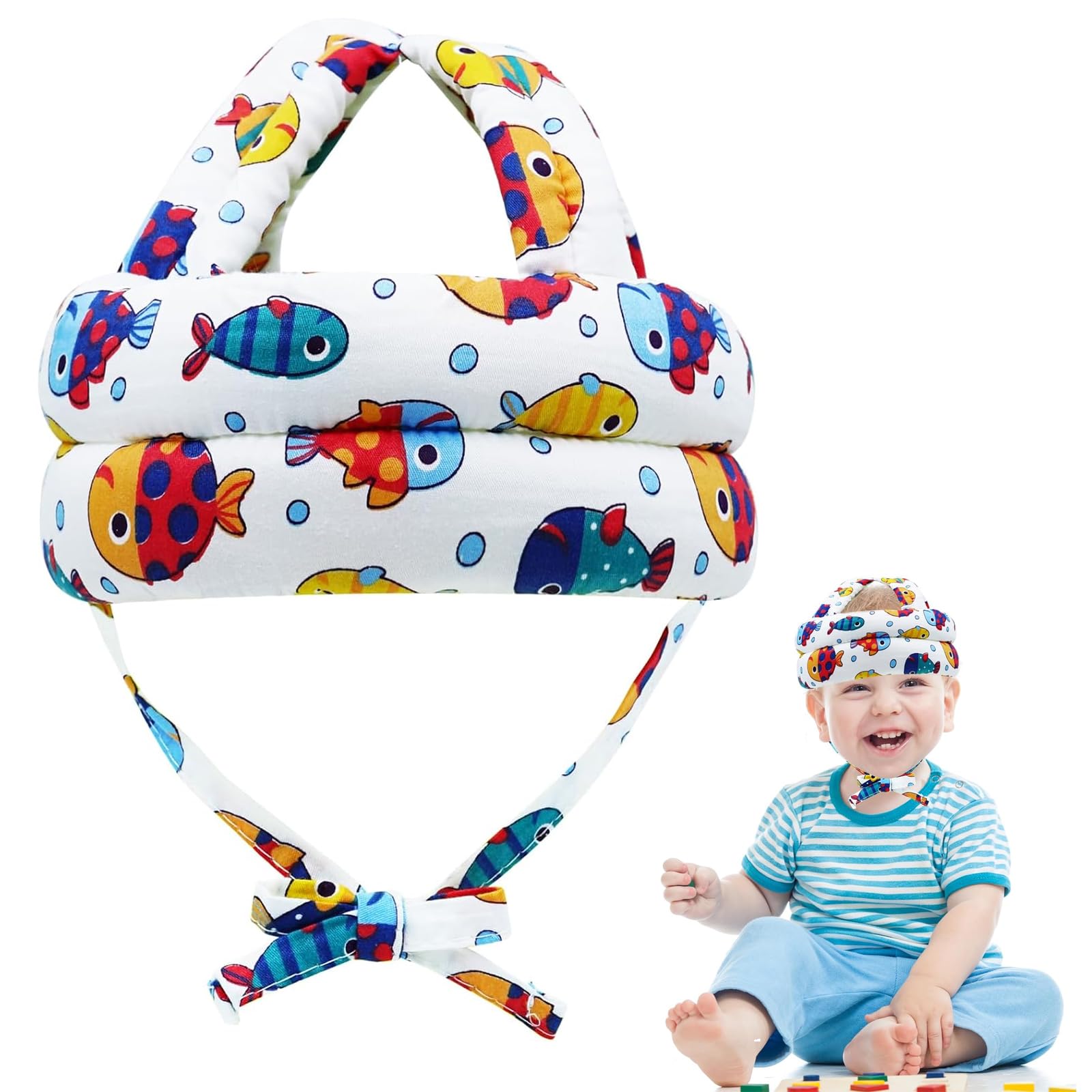Baby Head Protector - Baby Helmet 6-12 Months White Fish Design - Head Safety for Crawling Walking, Adjustable Infant Head Protection for Playtime