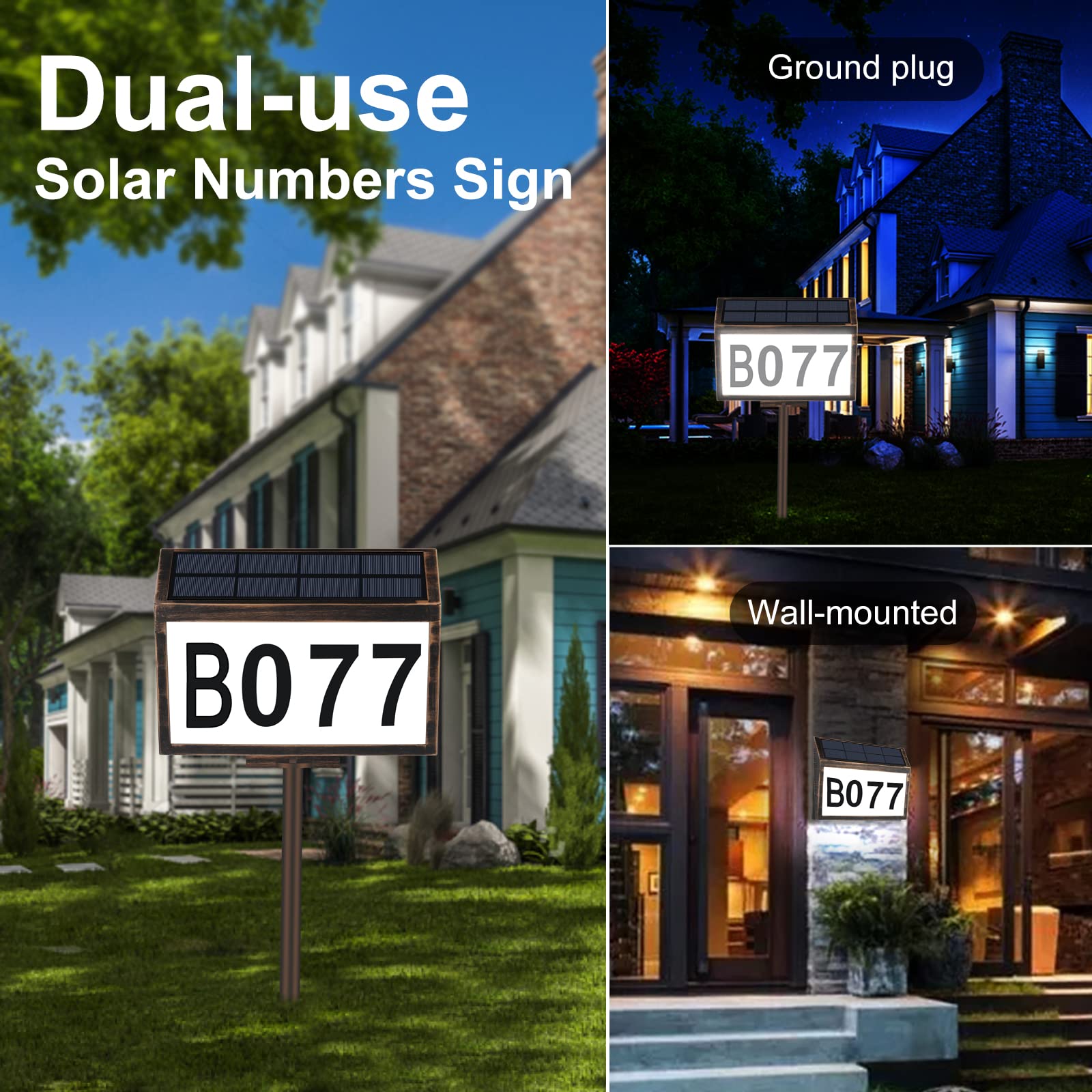 N.thr Dual-use Solar Lighted House Address Numbers Sign,LED Illuminated Waterproof Light Outdoor Address Plaque for Home Yard Garden House Wall-mounted and vertical dual-use Address Numbers Sign