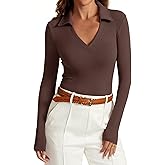 iGENJUN Womens Long Sleeve V Neck Polo Shirts Business Casual Collared Work Top Slim Fitted Basic 2024 Fall Shirt, Brown,M
