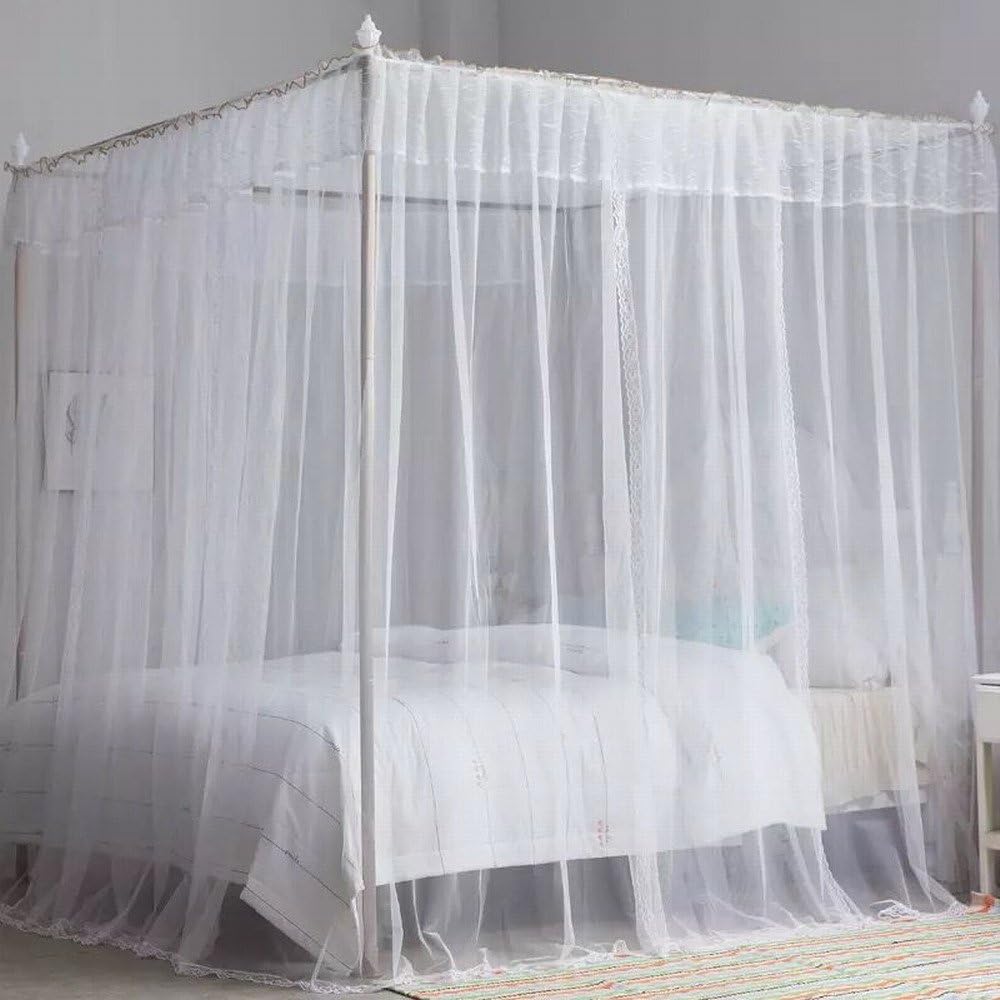 White Lace Luxury Four Corner Square Princess Bed Canopy (White, Twin XL)